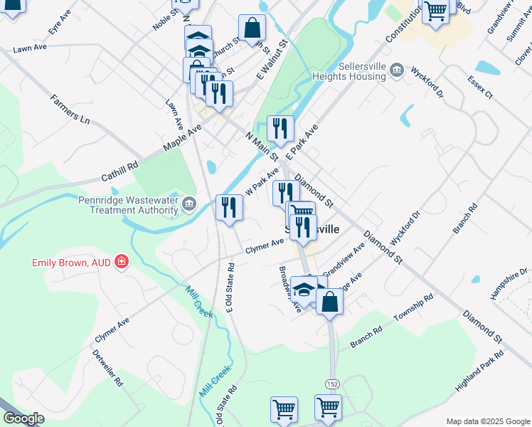 map of restaurants, bars, coffee shops, grocery stores, and more near 80 West Pine Street in Sellersville