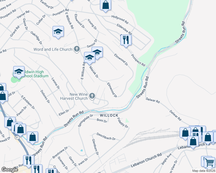 map of restaurants, bars, coffee shops, grocery stores, and more near 5359 Elmwood Drive in Pittsburgh