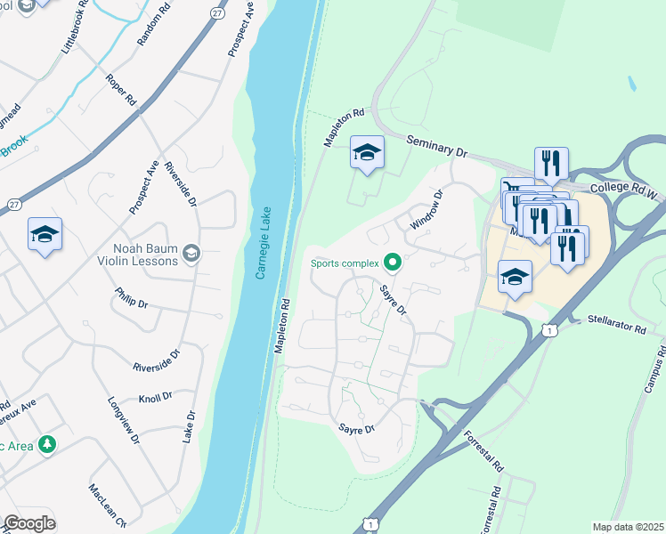 map of restaurants, bars, coffee shops, grocery stores, and more near 223 Sayre Drive in Princeton