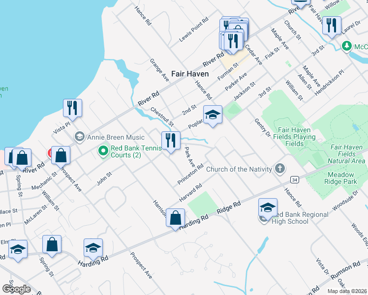 map of restaurants, bars, coffee shops, grocery stores, and more near 82 Park Avenue in Fair Haven