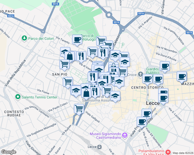 map of restaurants, bars, coffee shops, grocery stores, and more near 35 Via Pozzuolo in Lecce