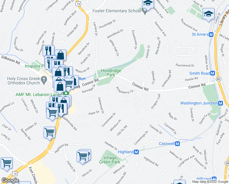 map of restaurants, bars, coffee shops, grocery stores, and more near 519 Kingsberry Circle in Pittsburgh