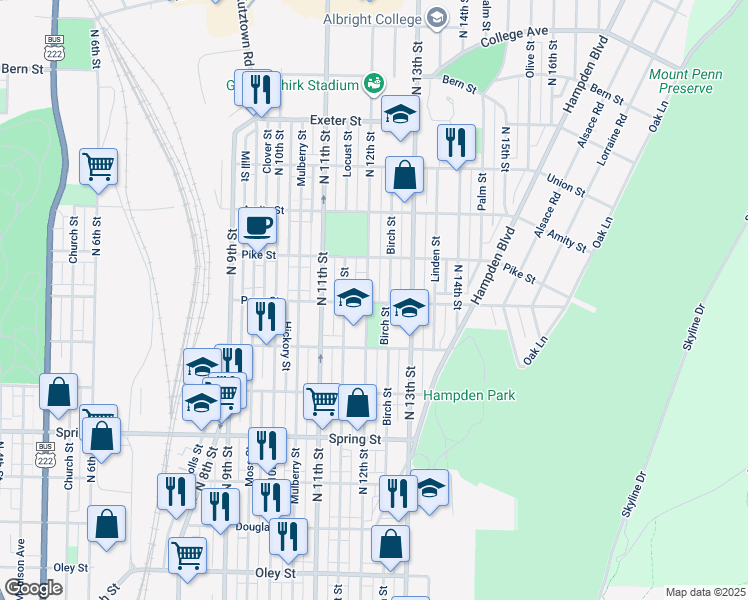 map of restaurants, bars, coffee shops, grocery stores, and more near 1301 North 12th Street in Reading