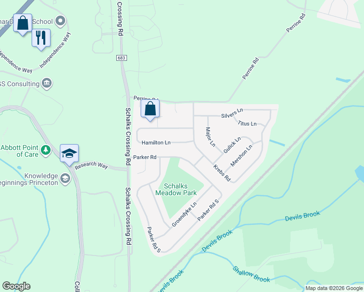 map of restaurants, bars, coffee shops, grocery stores, and more near 59 Hamilton Lane in Plainsboro Township