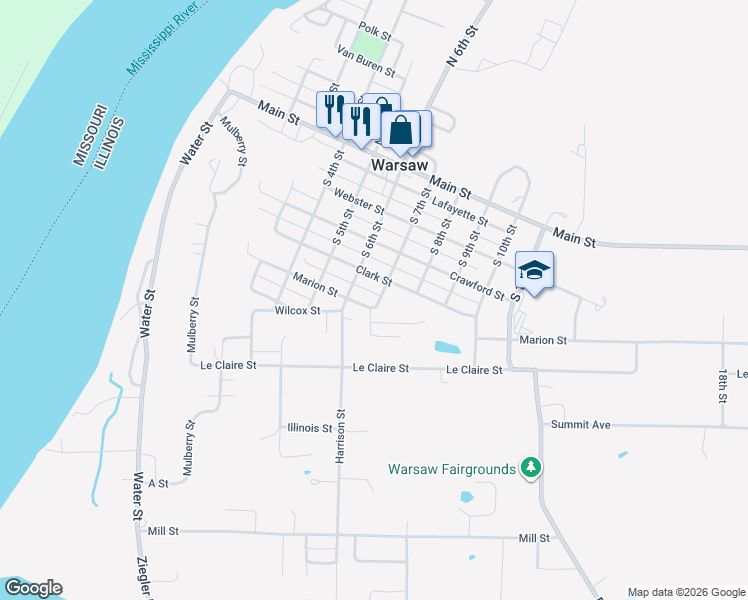map of restaurants, bars, coffee shops, grocery stores, and more near 545-599 South 7th Street in Warsaw
