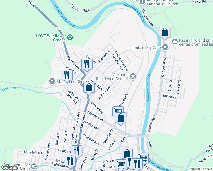 map of restaurants, bars, coffee shops, grocery stores, and more near Elliot Alley in Johnstown