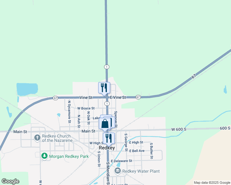 map of restaurants, bars, coffee shops, grocery stores, and more near 520 North Spencer Street in Redkey