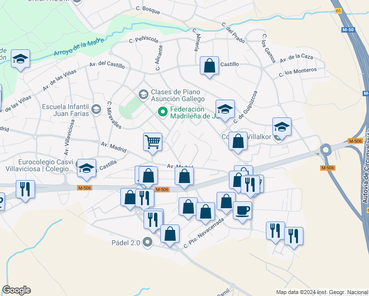 map of restaurants, bars, coffee shops, grocery stores, and more near 6 Calle Aljibe in Villaviciosa de Odón