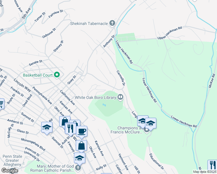 map of restaurants, bars, coffee shops, grocery stores, and more near 136 Carmella Drive in White Oak