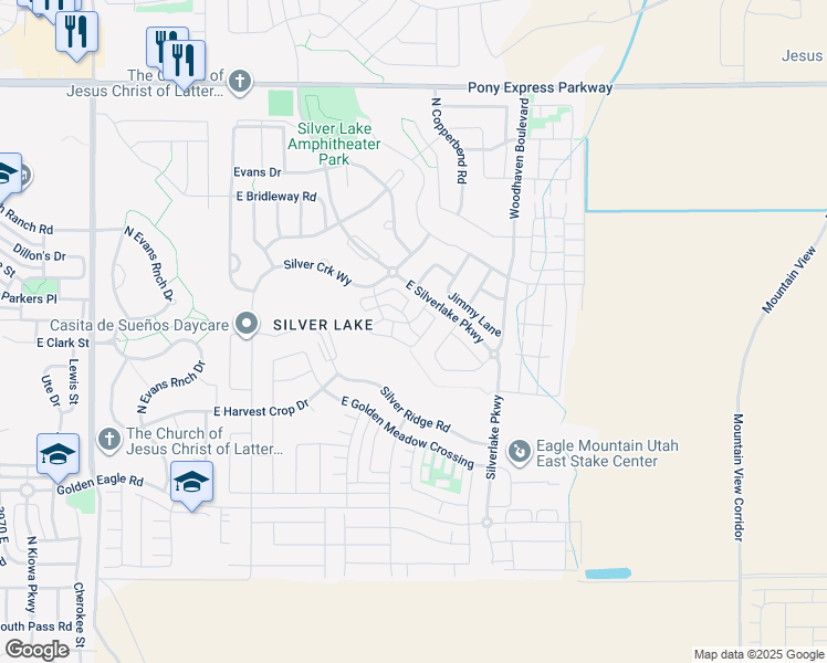 map of restaurants, bars, coffee shops, grocery stores, and more near 7475 Campbell Circle in Eagle Mountain