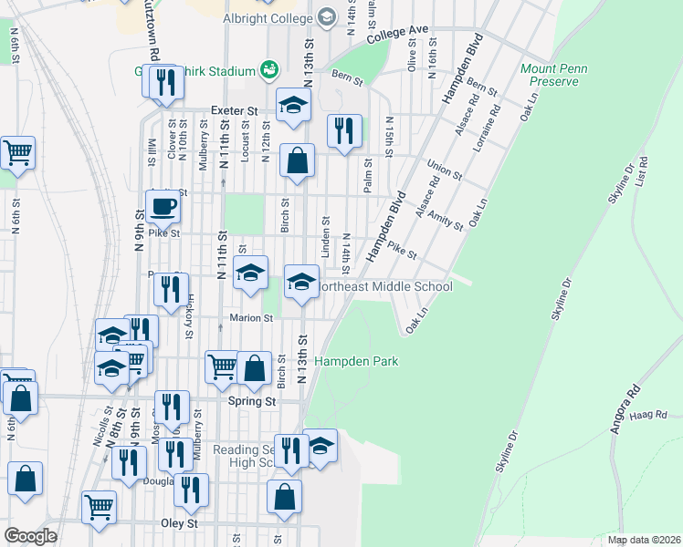 map of restaurants, bars, coffee shops, grocery stores, and more near 1324 Perry Street in Reading