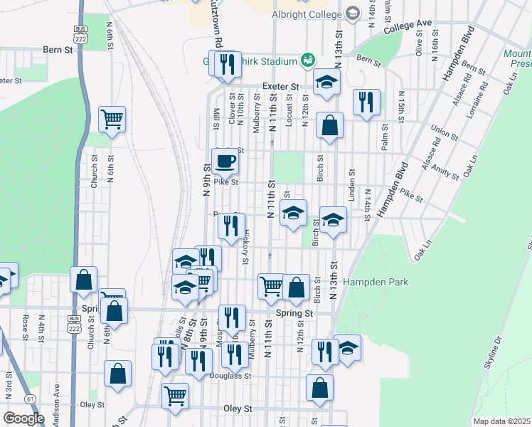 map of restaurants, bars, coffee shops, grocery stores, and more near 1034 Perry Street in Reading