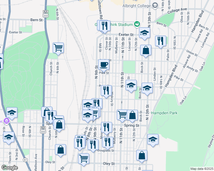 map of restaurants, bars, coffee shops, grocery stores, and more near 1256 Clover Street in Reading