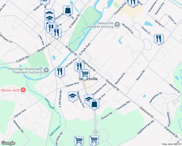 map of restaurants, bars, coffee shops, grocery stores, and more near 801 East Clymer Avenue in Sellersville