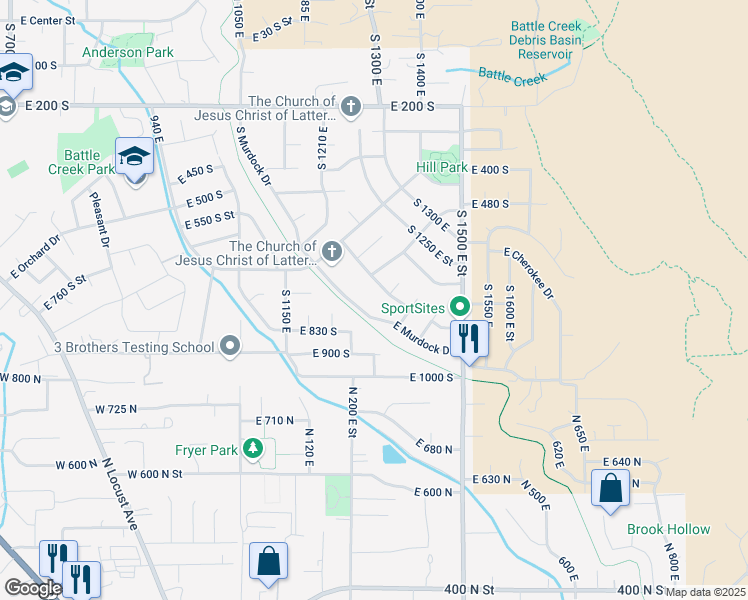 map of restaurants, bars, coffee shops, grocery stores, and more near 1150 East Murdock Drive in Pleasant Grove