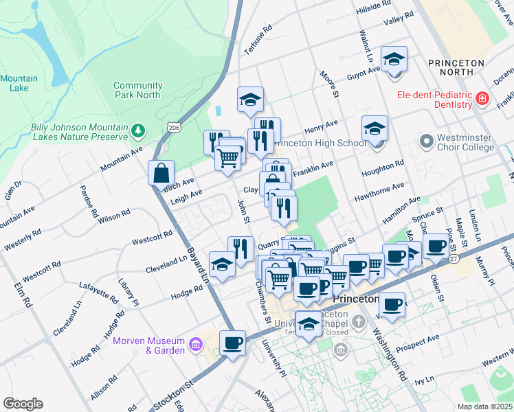 map of restaurants, bars, coffee shops, grocery stores, and more near 201 John Street in Princeton