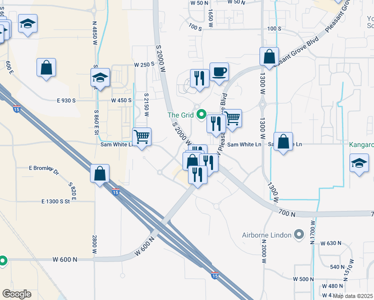 map of restaurants, bars, coffee shops, grocery stores, and more near 1915 West Grove Parkway in Pleasant Grove