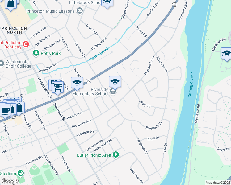 map of restaurants, bars, coffee shops, grocery stores, and more near 58 Riverside Drive in Princeton
