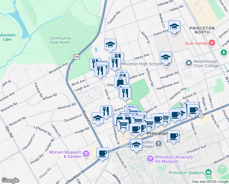 map of restaurants, bars, coffee shops, grocery stores, and more near in Princeton