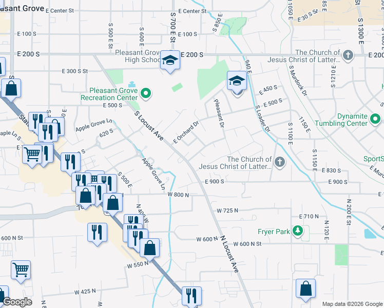 map of restaurants, bars, coffee shops, grocery stores, and more near 772 South Locust Avenue in Pleasant Grove