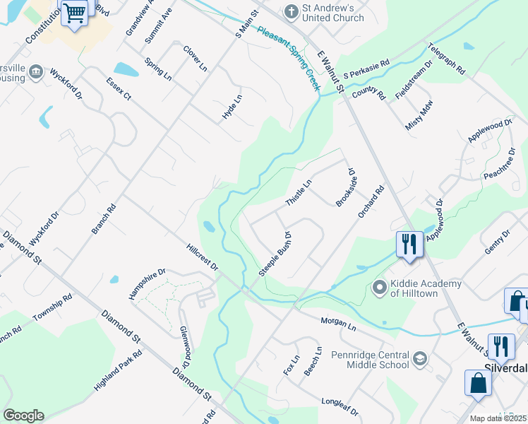 map of restaurants, bars, coffee shops, grocery stores, and more near 307 Thistle Lane in Perkasie