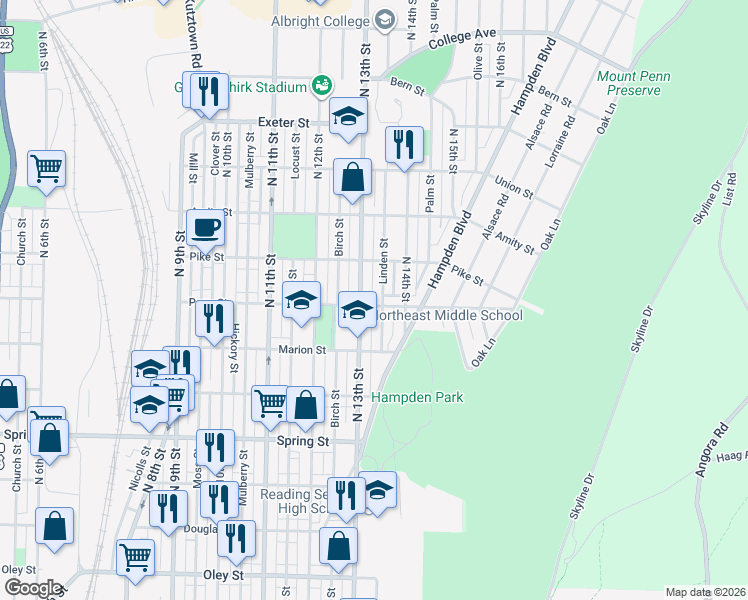 map of restaurants, bars, coffee shops, grocery stores, and more near 1324 Perry Street in Reading
