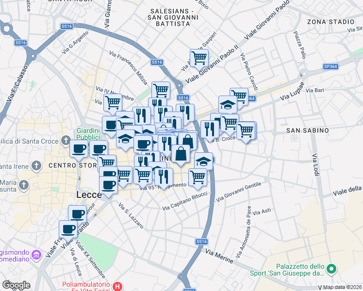 map of restaurants, bars, coffee shops, grocery stores, and more near 38-54 Via Matteo Renato Imbriani in Lecce