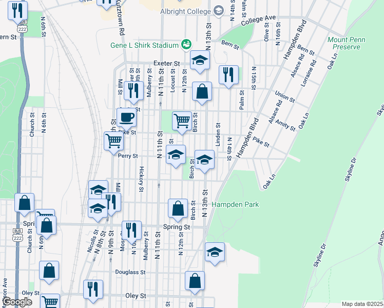 map of restaurants, bars, coffee shops, grocery stores, and more near 1301 North 12th Street in Reading