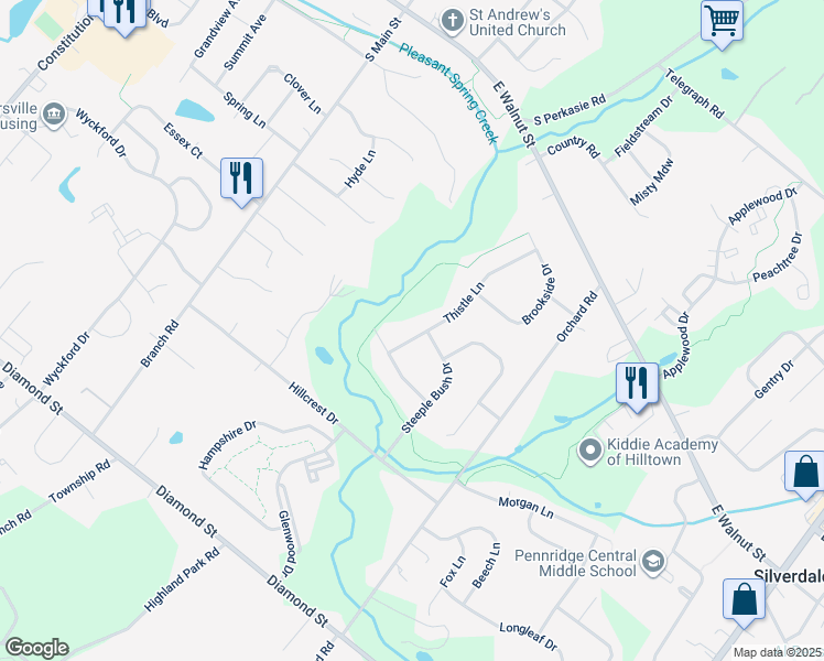 map of restaurants, bars, coffee shops, grocery stores, and more near 307 Thistle Lane in Perkasie