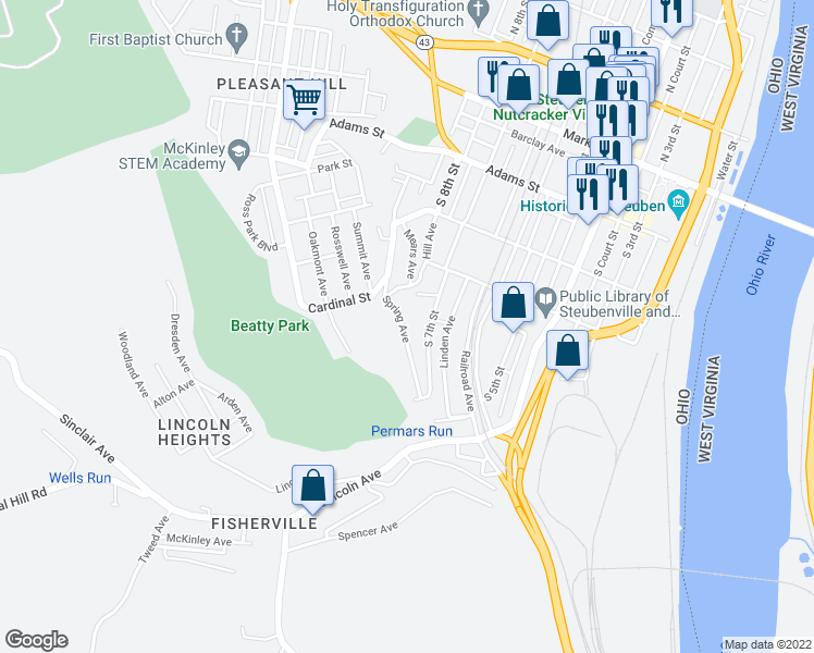 map of restaurants, bars, coffee shops, grocery stores, and more near 614 Spring Avenue in Steubenville