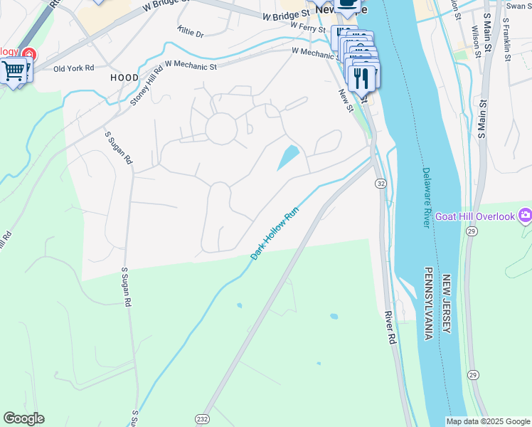 map of restaurants, bars, coffee shops, grocery stores, and more near 128 West Riverwoods Drive in New Hope
