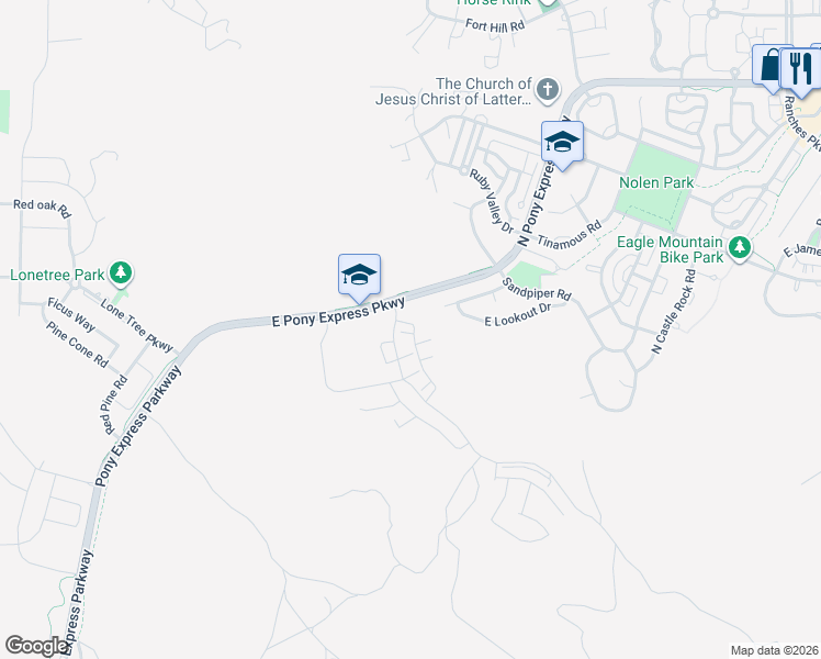 map of restaurants, bars, coffee shops, grocery stores, and more near 2741 East Iron Bark Alley in Eagle Mountain
