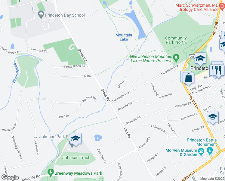 map of restaurants, bars, coffee shops, grocery stores, and more near 16 Kimberly Court in Princeton