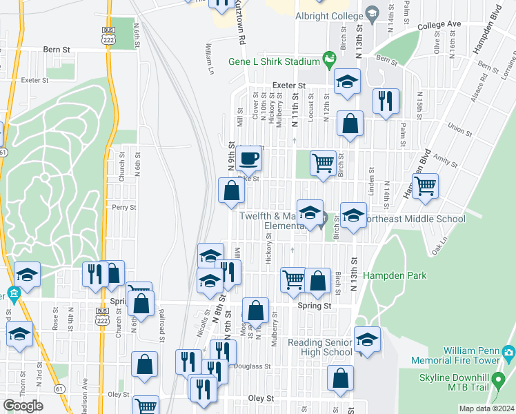 map of restaurants, bars, coffee shops, grocery stores, and more near 1302 North 10th Street in Reading