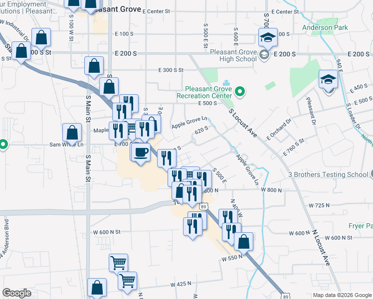 map of restaurants, bars, coffee shops, grocery stores, and more near 461 East 705 South in Pleasant Grove