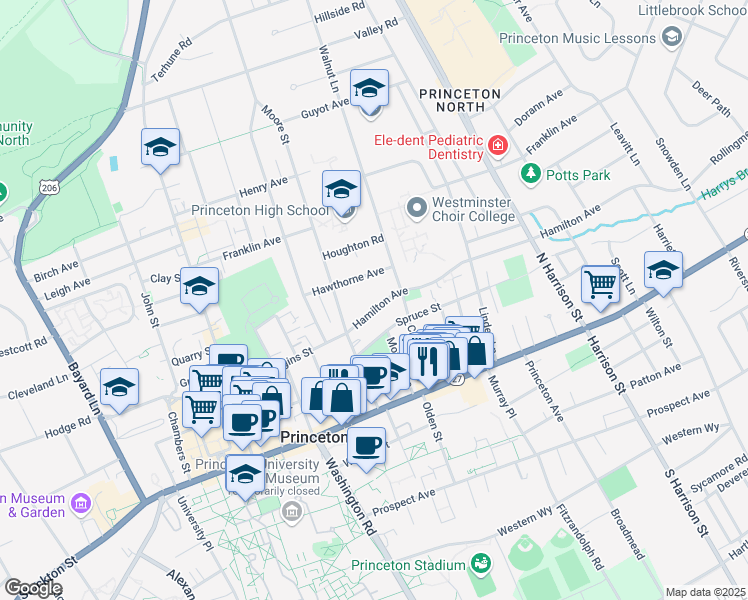 map of restaurants, bars, coffee shops, grocery stores, and more near 8 Hamilton Avenue in Princeton