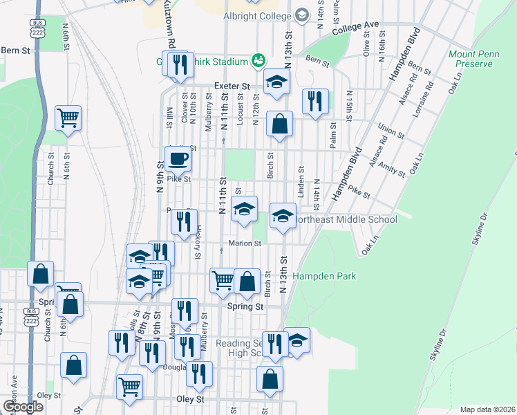map of restaurants, bars, coffee shops, grocery stores, and more near 1301 North 12th Street in Reading