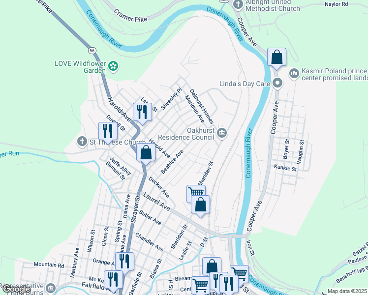 map of restaurants, bars, coffee shops, grocery stores, and more near 382 Beatrice Avenue in Johnstown