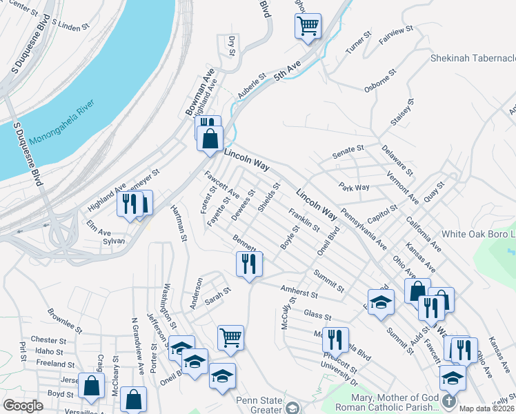 map of restaurants, bars, coffee shops, grocery stores, and more near 818 Fawcett Avenue in McKeesport