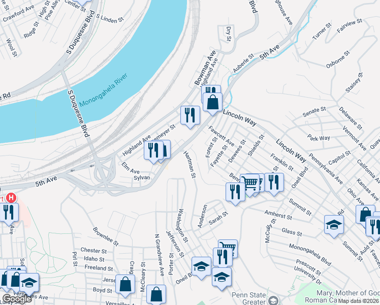 map of restaurants, bars, coffee shops, grocery stores, and more near 613 Hartman Street in McKeesport