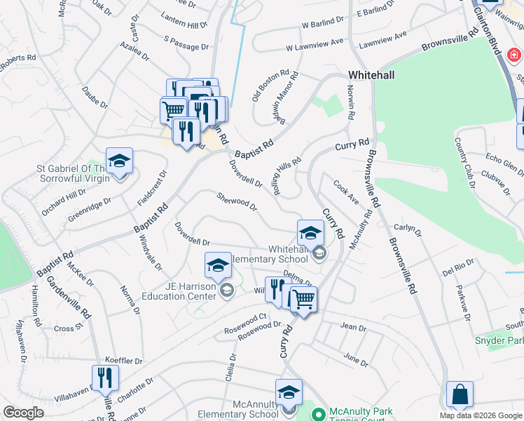 map of restaurants, bars, coffee shops, grocery stores, and more near 4786 Sherwood Drive in Pittsburgh