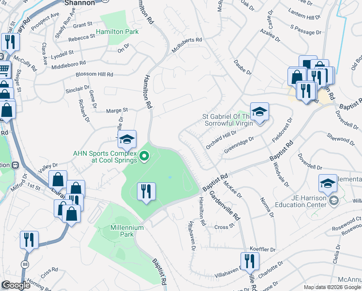 map of restaurants, bars, coffee shops, grocery stores, and more near 4201 Hamilton Road in Pittsburgh