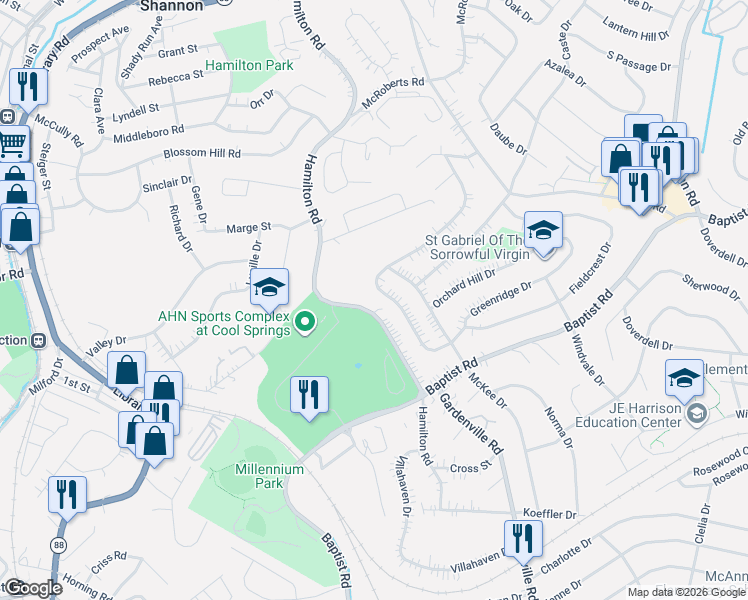 map of restaurants, bars, coffee shops, grocery stores, and more near 4201 Hamilton Road in Pittsburgh