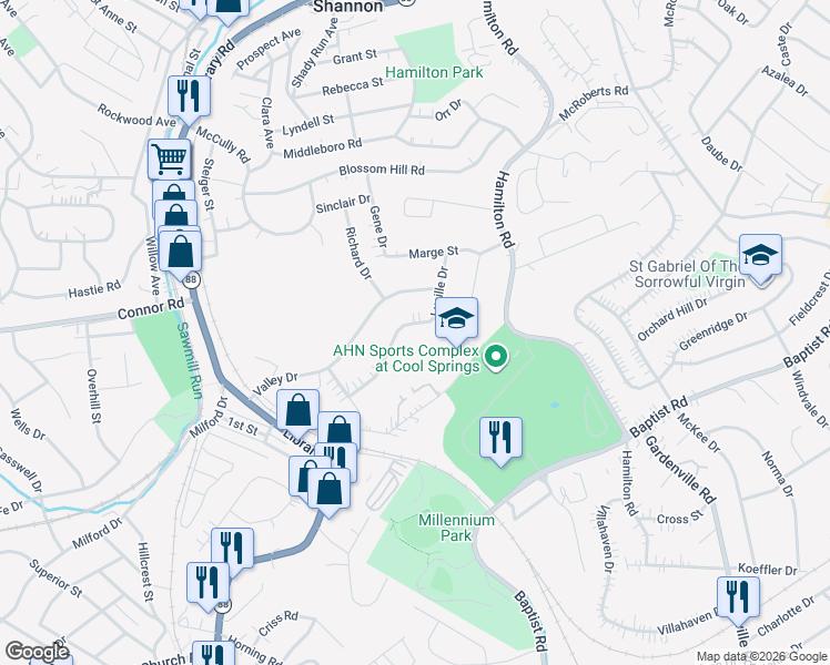 map of restaurants, bars, coffee shops, grocery stores, and more near 1529 Lucille Drive in Pittsburgh