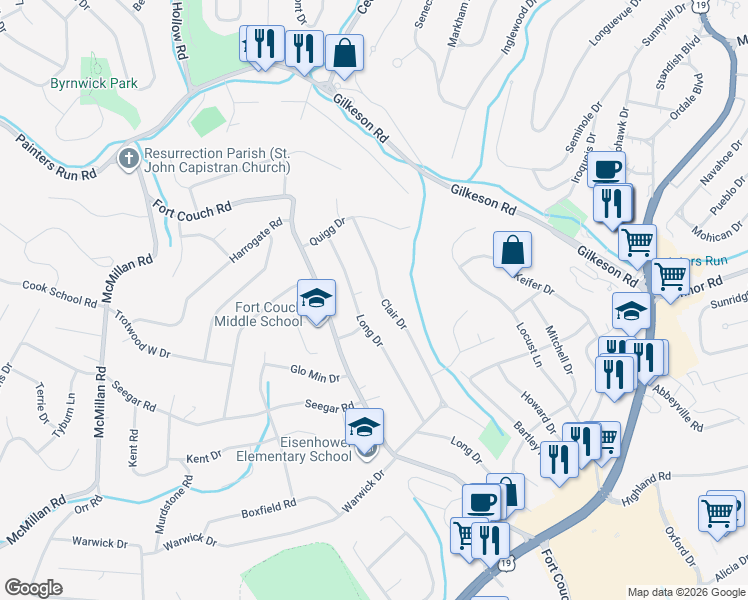 map of restaurants, bars, coffee shops, grocery stores, and more near 502 Long Drive in Pittsburgh