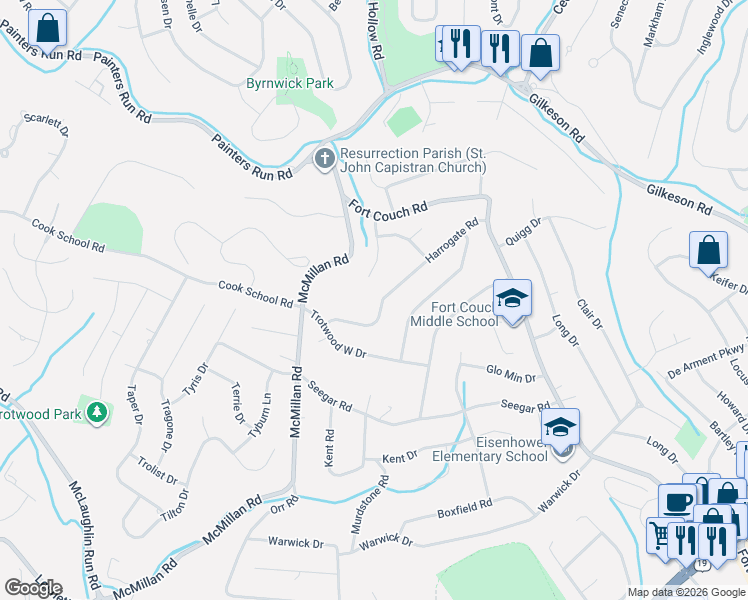 map of restaurants, bars, coffee shops, grocery stores, and more near 534 Harrogate Road in Pittsburgh