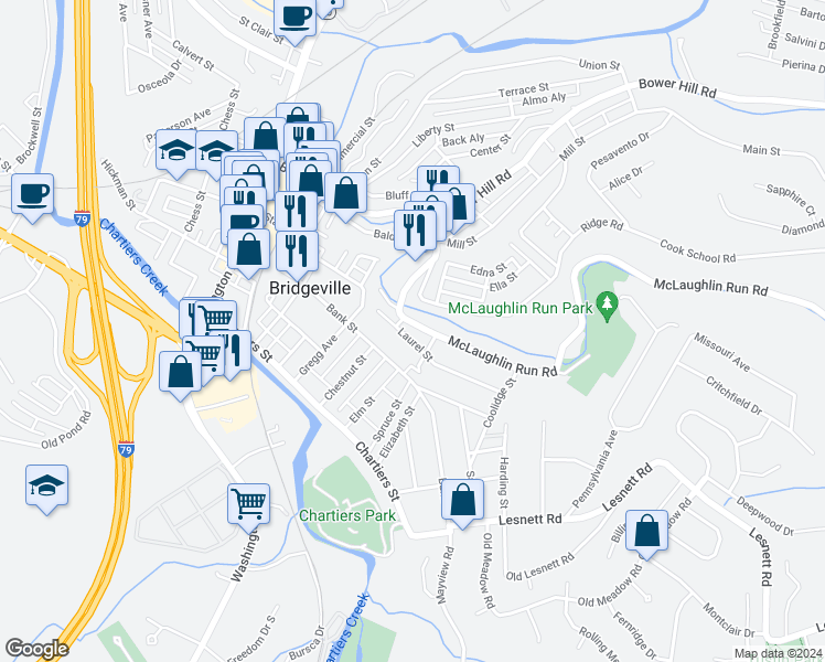 map of restaurants, bars, coffee shops, grocery stores, and more near 914 McLaughlin Run Road in Bridgeville