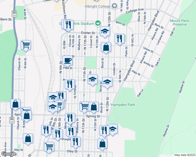 map of restaurants, bars, coffee shops, grocery stores, and more near 1309 North 12th Street in Reading