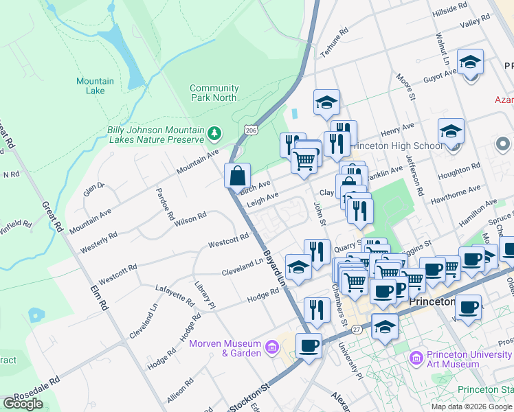 map of restaurants, bars, coffee shops, grocery stores, and more near 113a North Stanworth Drive in Princeton