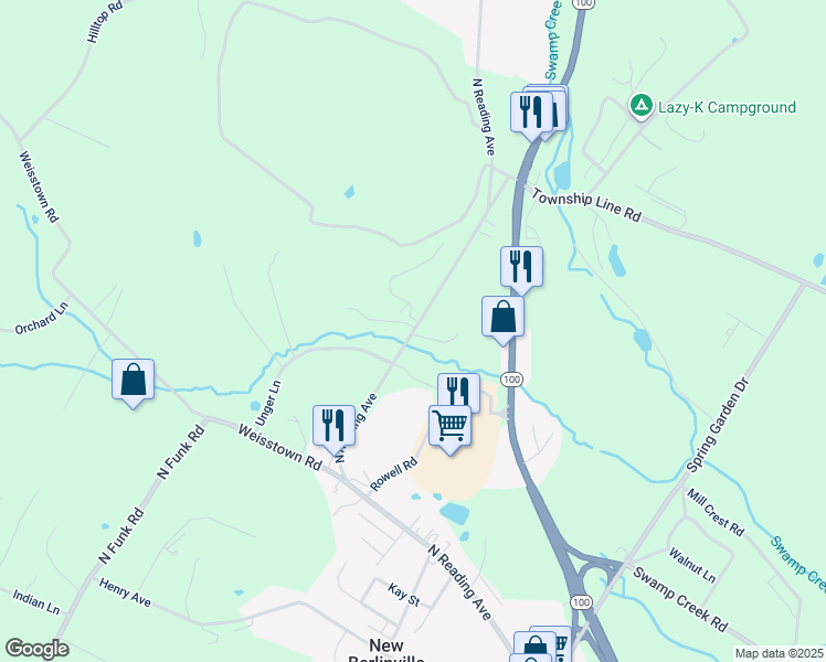 map of restaurants, bars, coffee shops, grocery stores, and more near 1232 North Reading Avenue in Bechtelsville